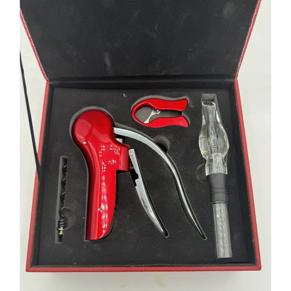 Wolfgang Puck Red Leather Wine Opener Set with Aerator Foil Cutter
